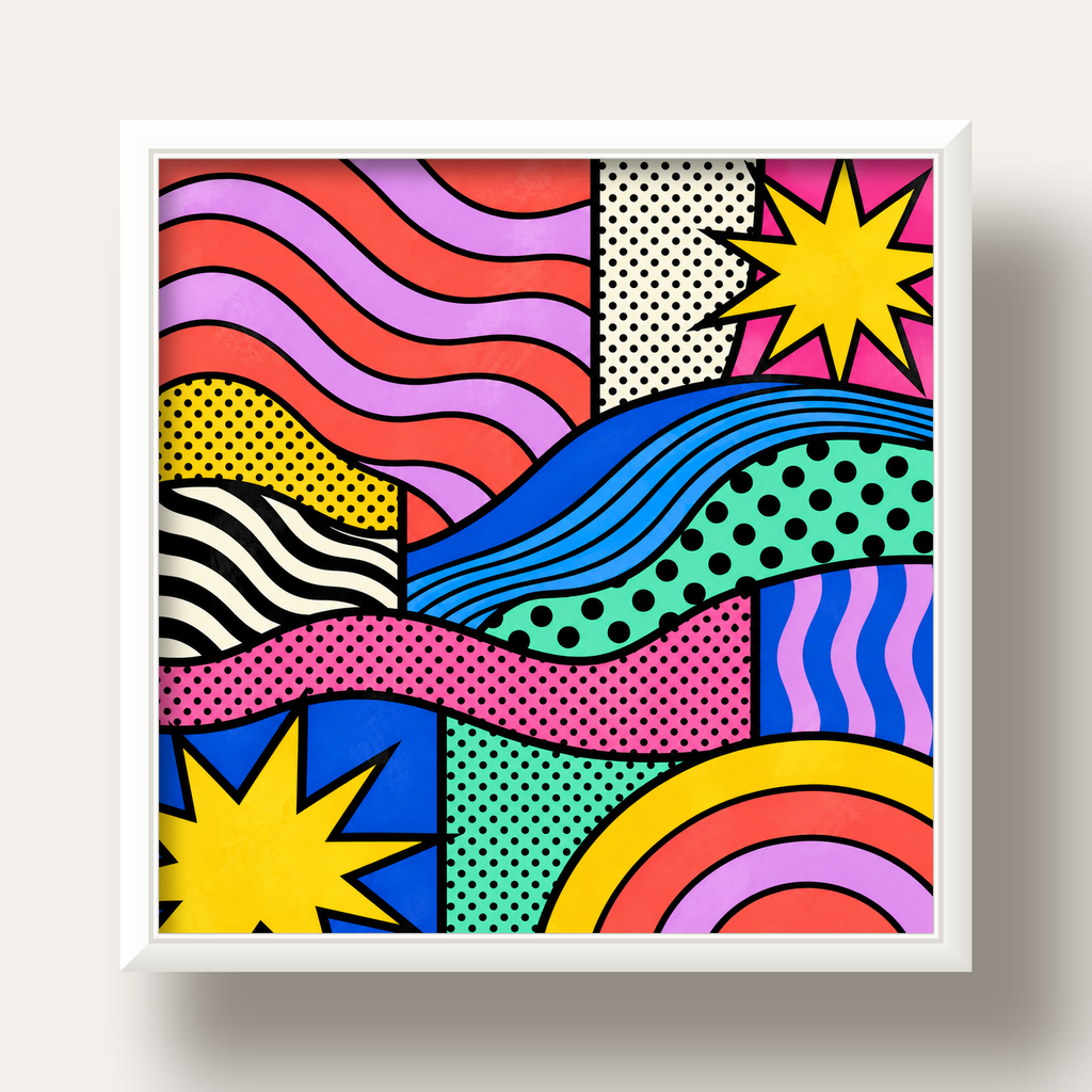 Pop Art Renkli Geometrik Desenli Poster – Canlı Soyut Baskı — beyaz derin çerçeveli