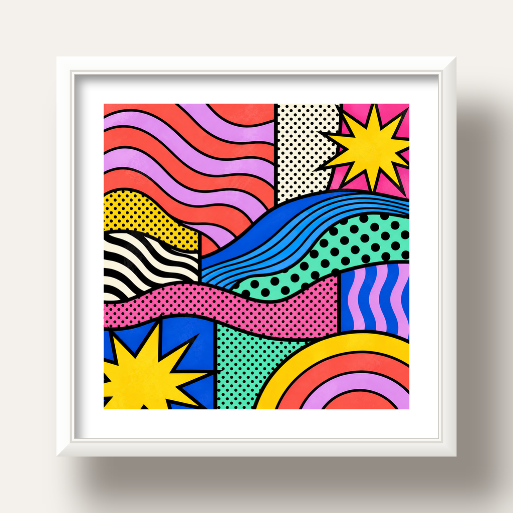 Pop Art Renkli Geometrik Desenli Poster – Canlı Soyut Baskı — beyaz derin çerçeveli paspartulu