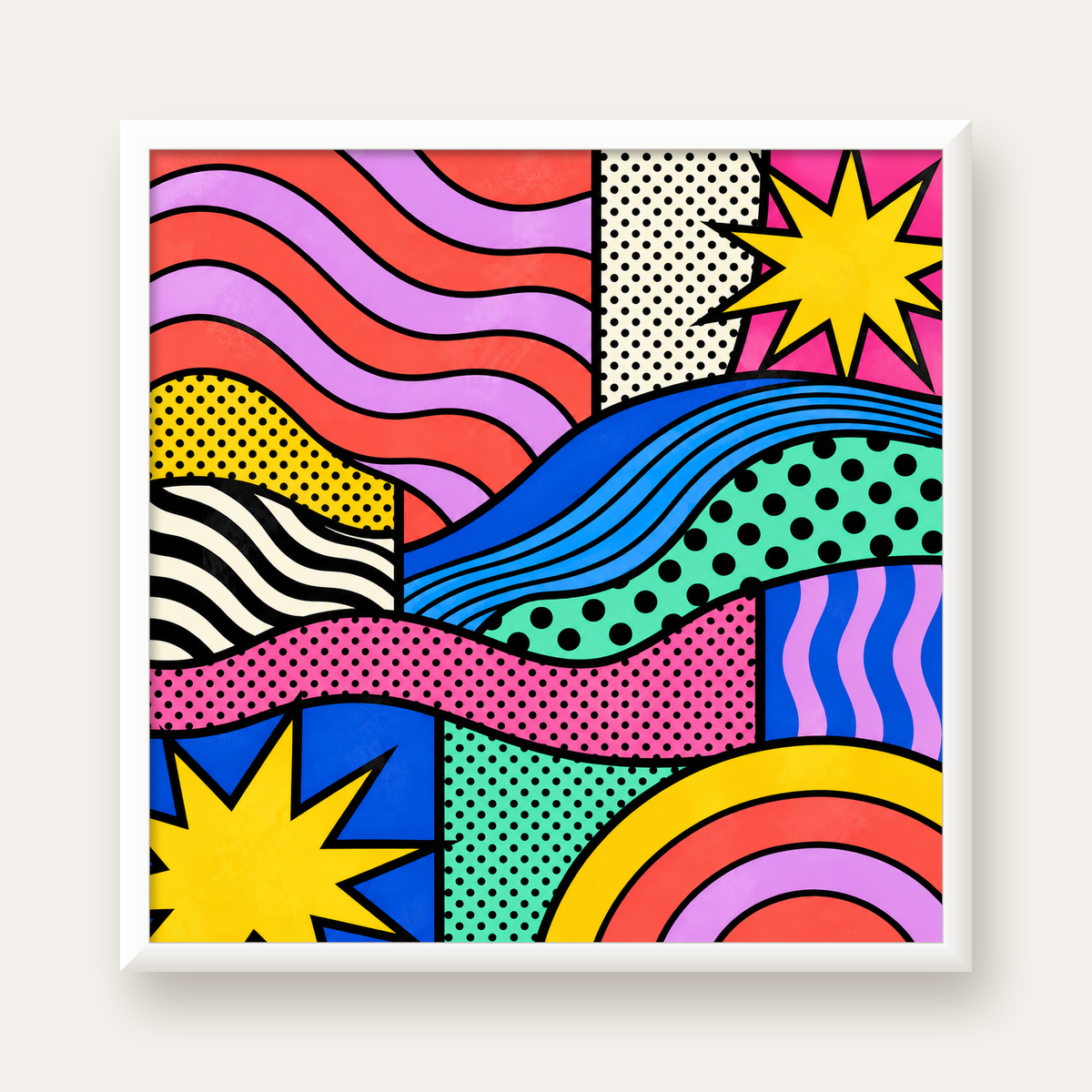 Pop Art Renkli Geometrik Desenli Poster – Canlı Soyut Baskı — beyaz çerçeveli kare poster