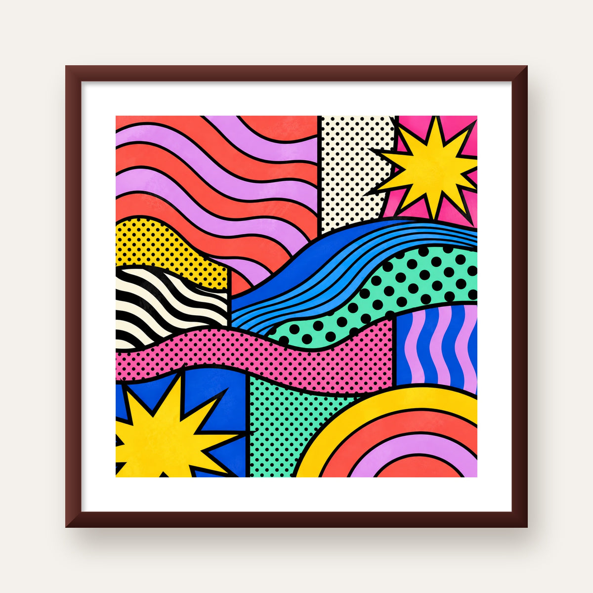 Pop Art Renkli Geometrik Desenli Poster – Canlı Soyut Baskı — ceviz çerçeveli paspartulu