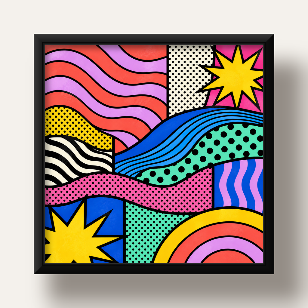 Pop Art Renkli Geometrik Desenli Poster – Canlı Soyut Baskı — siyah derin çerçeveli