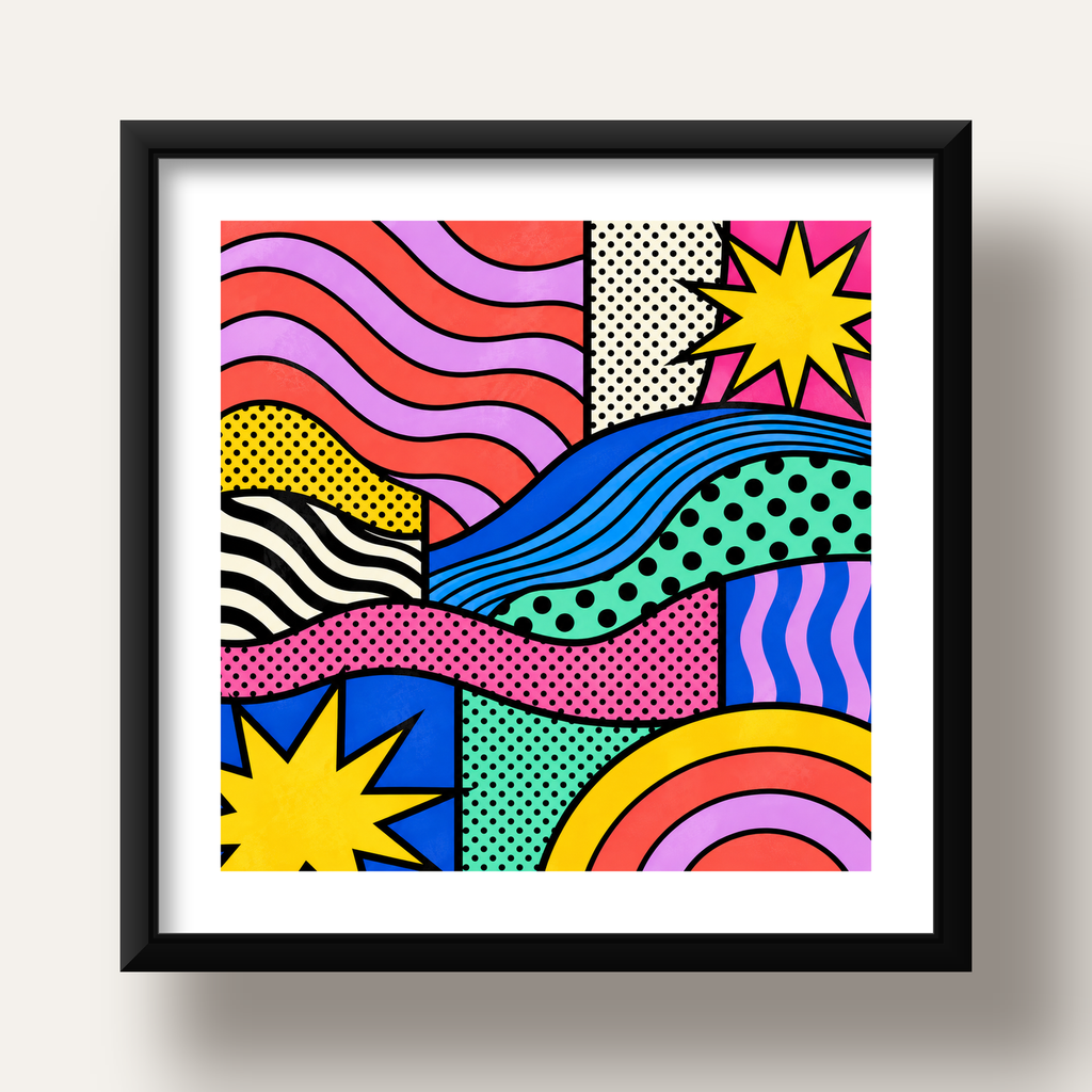 Pop Art Renkli Geometrik Desenli Poster – Canlı Soyut Baskı — siyah derin çerçeveli paspartulu