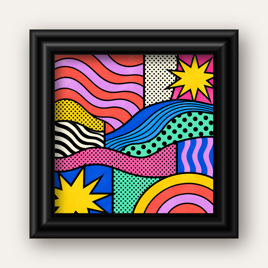 Pop Art Renkli Geometrik Desenli Poster – Canlı Soyut Baskı — siyah galeri çerçeveli