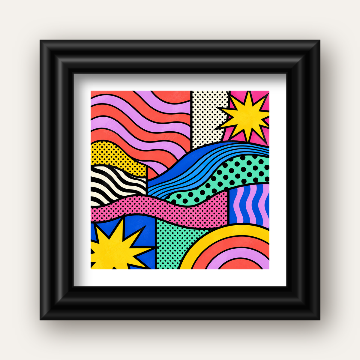 Pop Art Renkli Geometrik Desenli Poster – Canlı Soyut Baskı — siyah galeri çerçeveli paspartulu