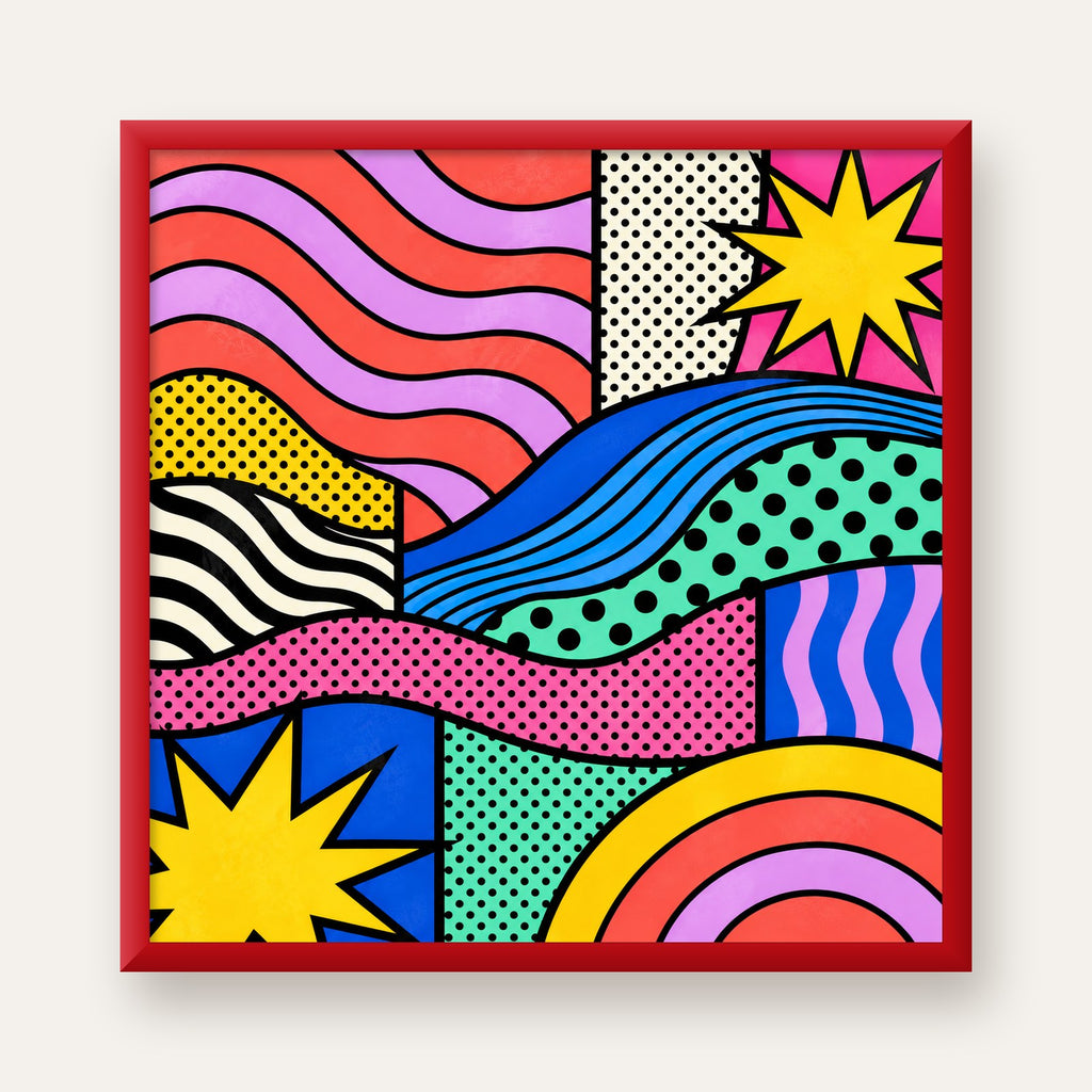 Pop Art Renkli Geometrik Desenli Poster – Canlı Soyut Baskı — kırmızı çerçeveli