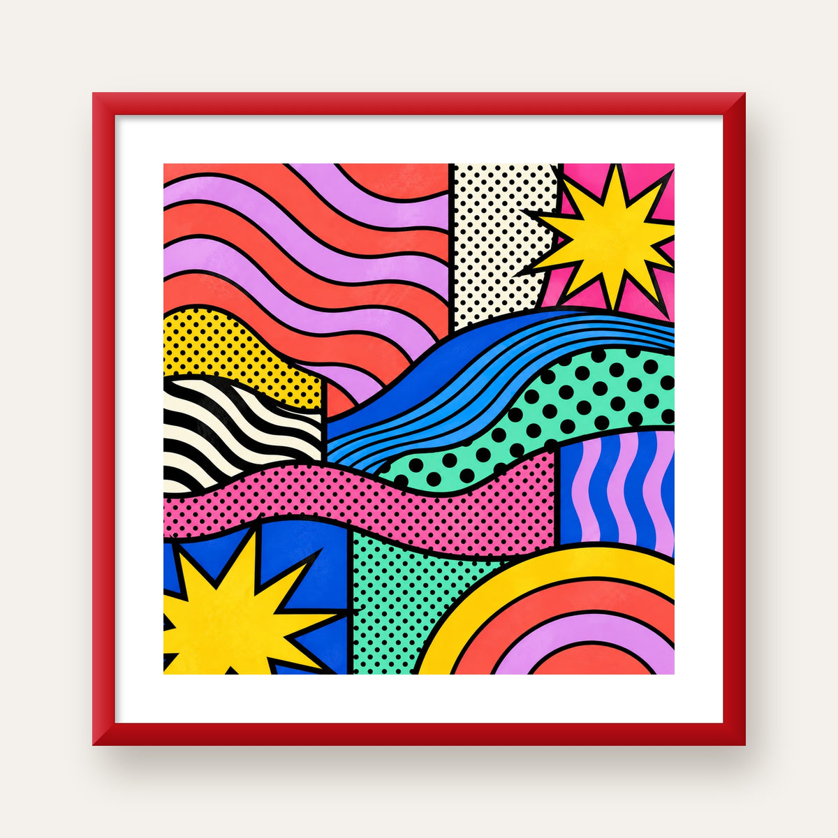 Pop Art Renkli Geometrik Desenli Poster – Canlı Soyut Baskı — kırmızı çerçeveli paspartulu