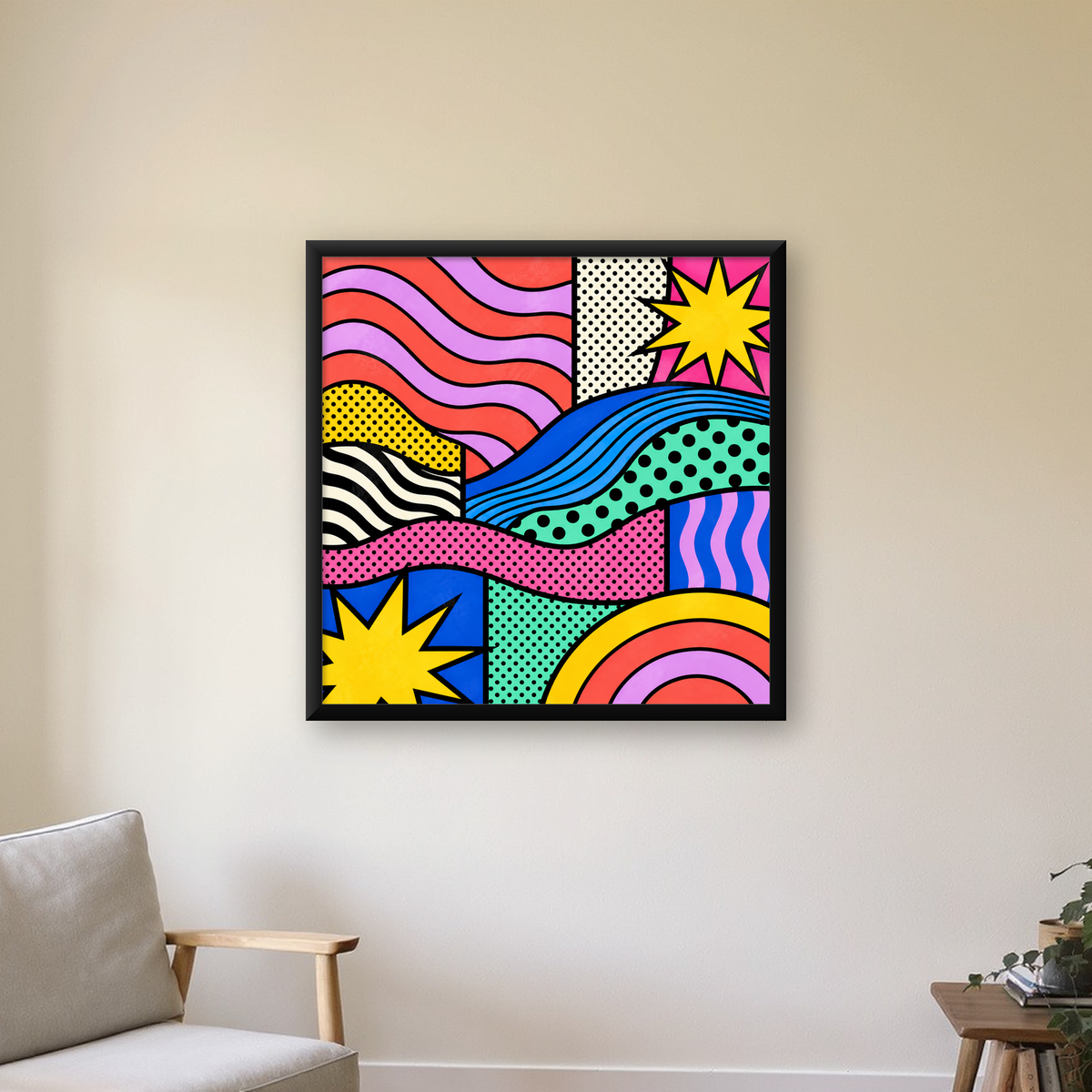 Pop Art Renkli Geometrik Desenli Poster – Canlı Soyut Baskı — Kare baskı, çerçeveli hâliyle bir ev duvarında