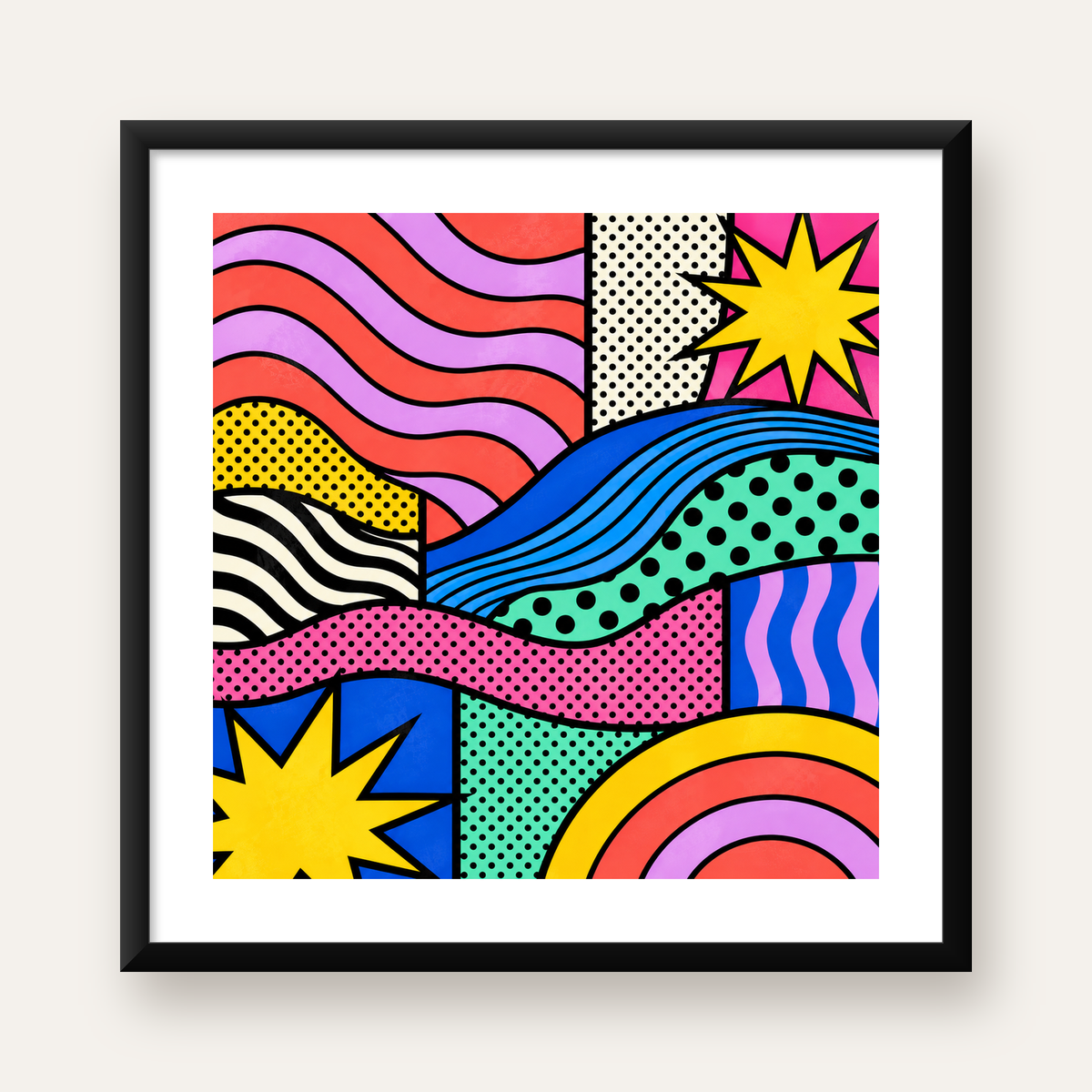 Pop Art Renkli Geometrik Desenli Poster – Canlı Soyut Baskı — Kare baskı, beyaz paspartulu