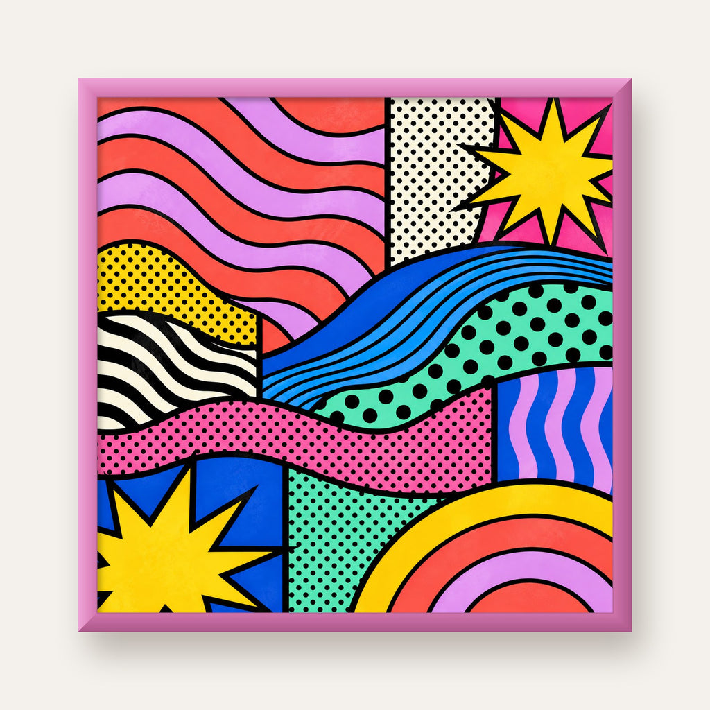Pop Art Renkli Geometrik Desenli Poster – Canlı Soyut Baskı — pembe çerçeveli