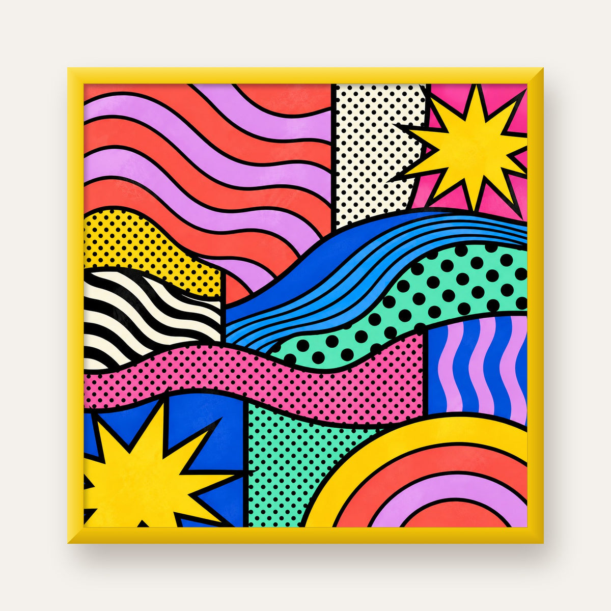 Pop Art Renkli Geometrik Desenli Poster – Canlı Soyut Baskı — sarı çerçeveli
