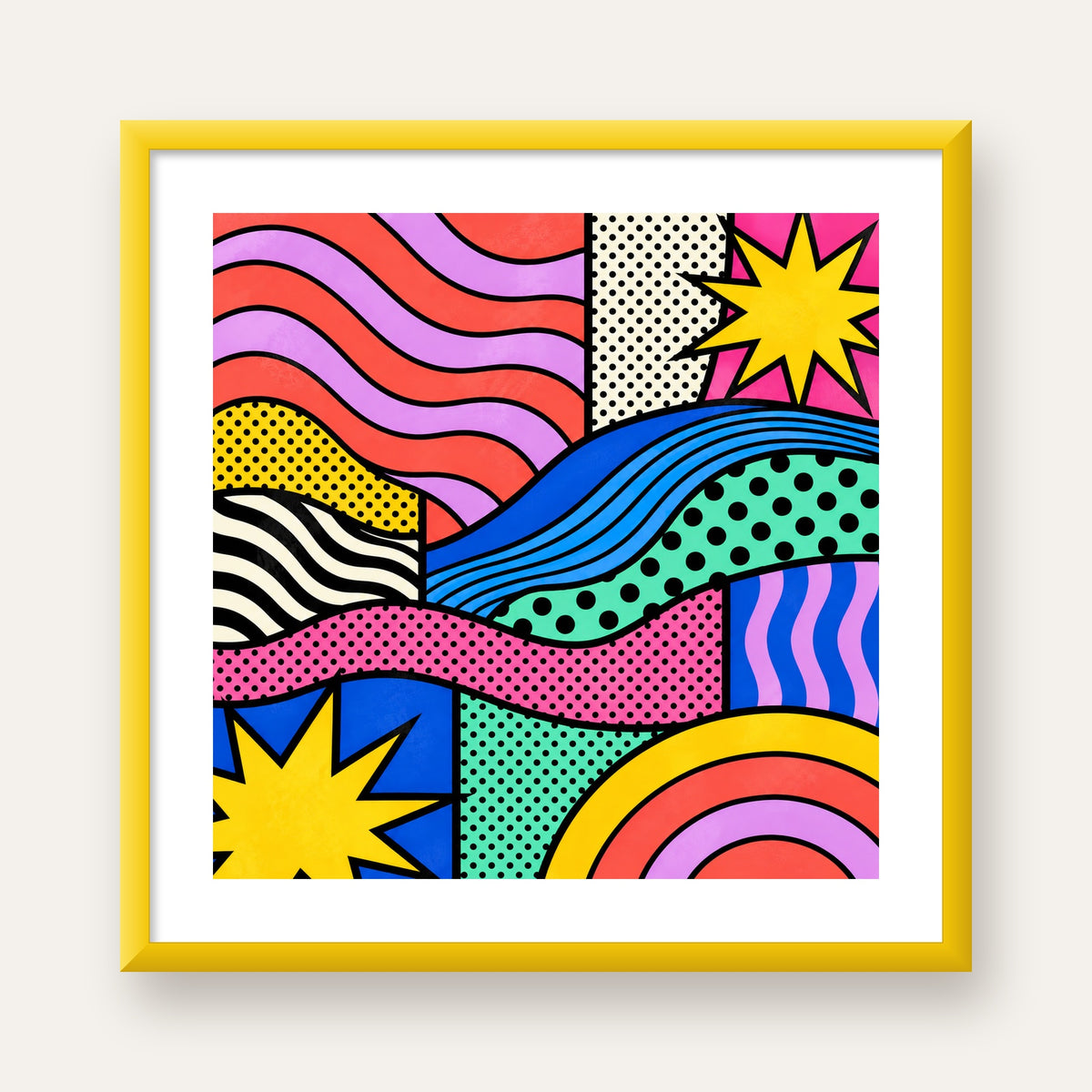 Pop Art Renkli Geometrik Desenli Poster – Canlı Soyut Baskı — sarı çerçeveli paspartulu