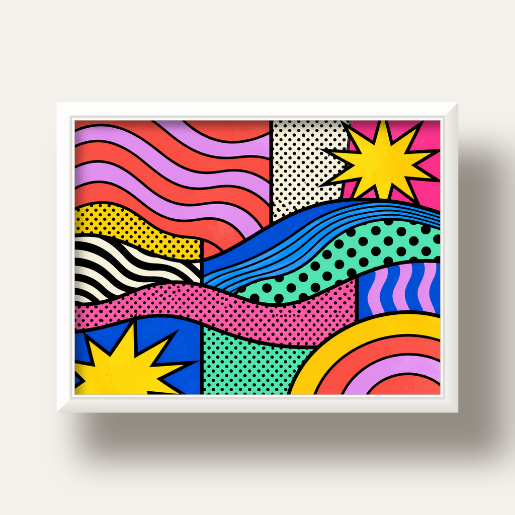 Pop Art Renkli Geometrik Desenli Poster – Canlı Soyut Baskı — beyaz derin çerçeveli