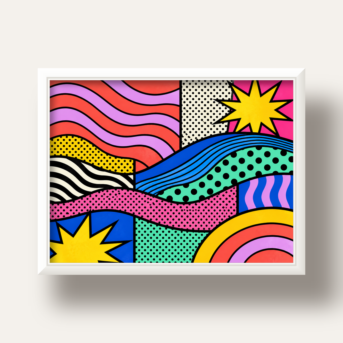 Pop Art Renkli Geometrik Desenli Poster – Canlı Soyut Baskı — beyaz derin çerçeveli
