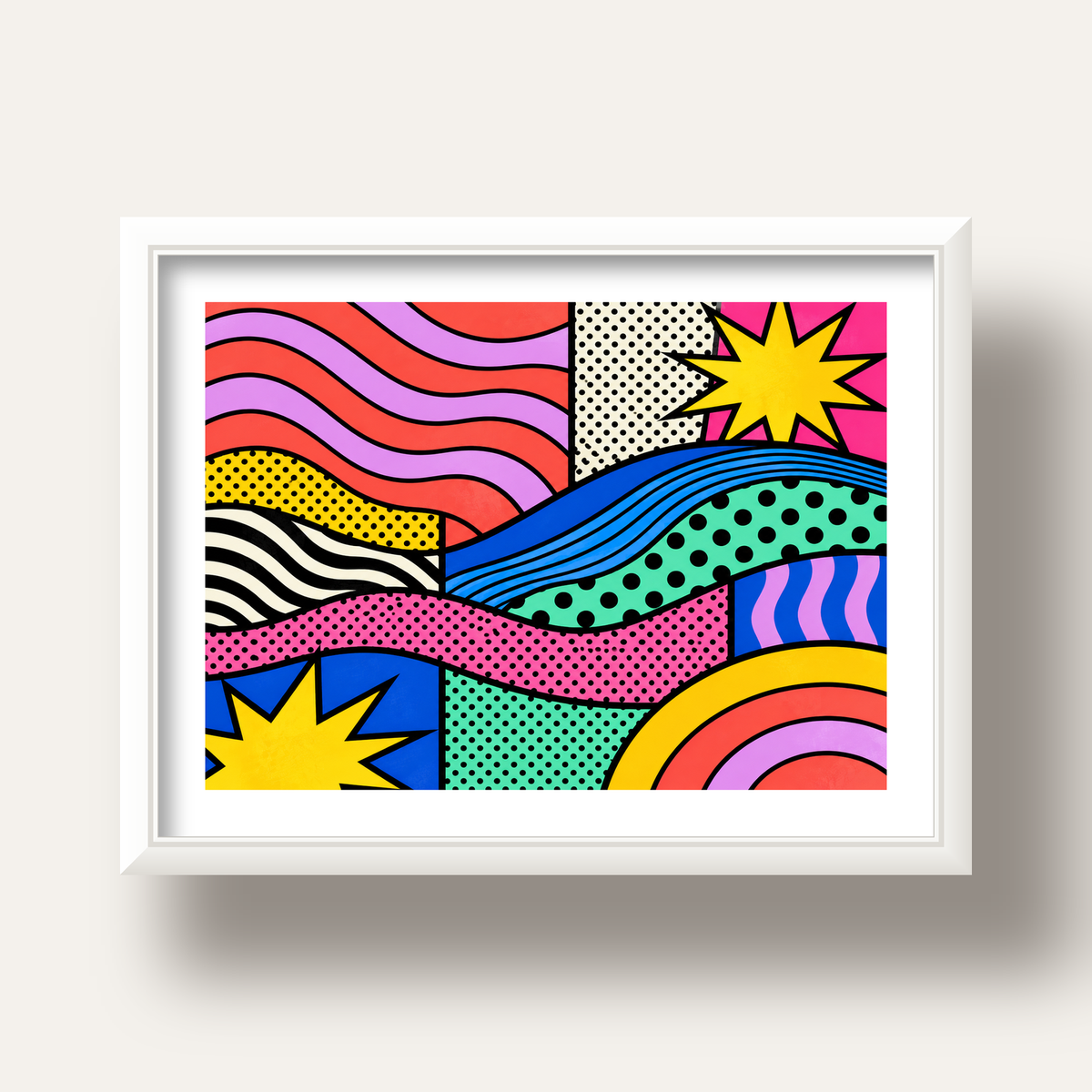 Pop Art Renkli Geometrik Desenli Poster – Canlı Soyut Baskı — beyaz derin çerçeveli paspartulu