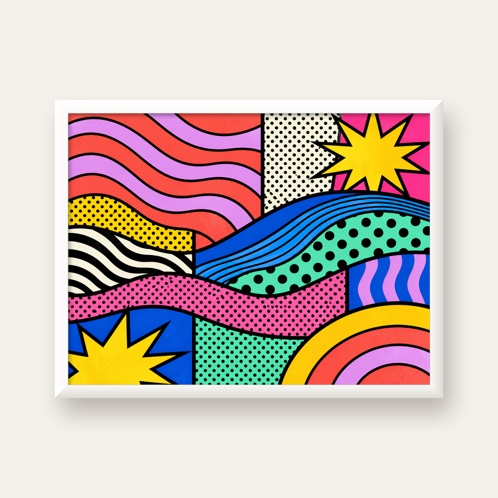 Pop Art Renkli Geometrik Desenli Poster – Canlı Soyut Baskı — beyaz çerçeveli yatay poster