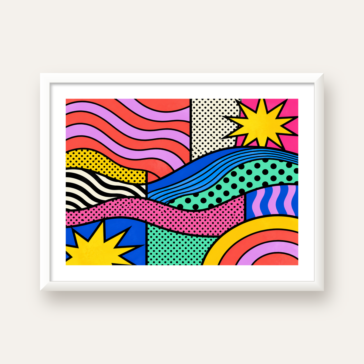 Pop Art Renkli Geometrik Desenli Poster – Canlı Soyut Baskı — beyaz çerçeveli yatay poster