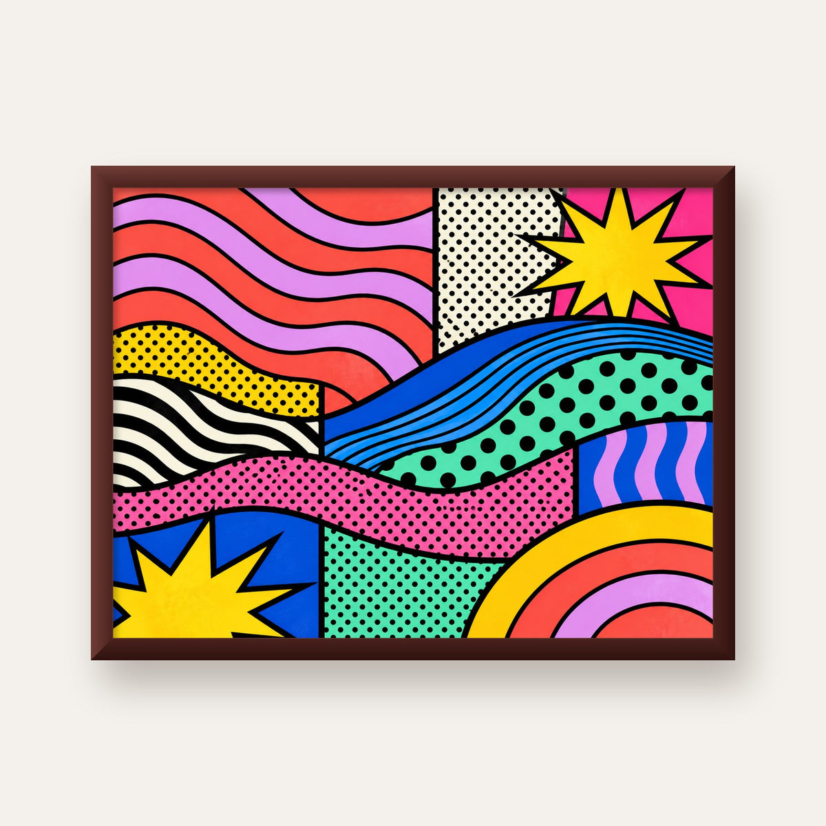 Pop Art Renkli Geometrik Desenli Poster – Canlı Soyut Baskı — ceviz çerçeveli