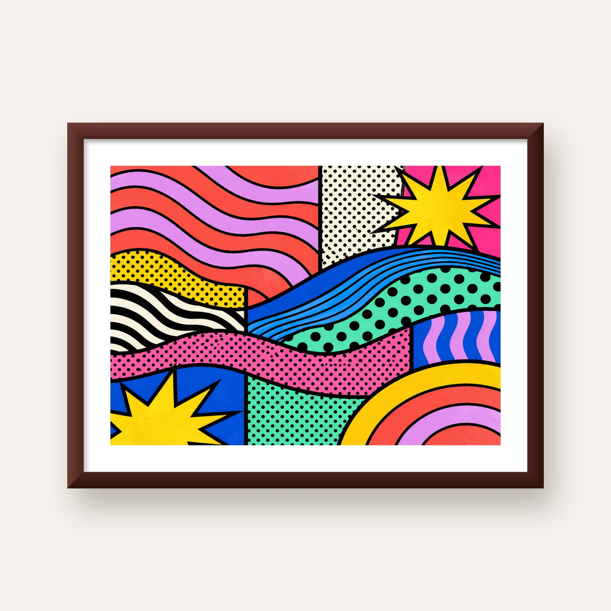 Pop Art Renkli Geometrik Desenli Poster – Canlı Soyut Baskı — ceviz çerçeveli paspartulu