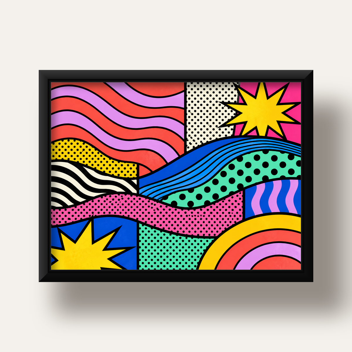 Pop Art Renkli Geometrik Desenli Poster – Canlı Soyut Baskı — siyah derin çerçeveli