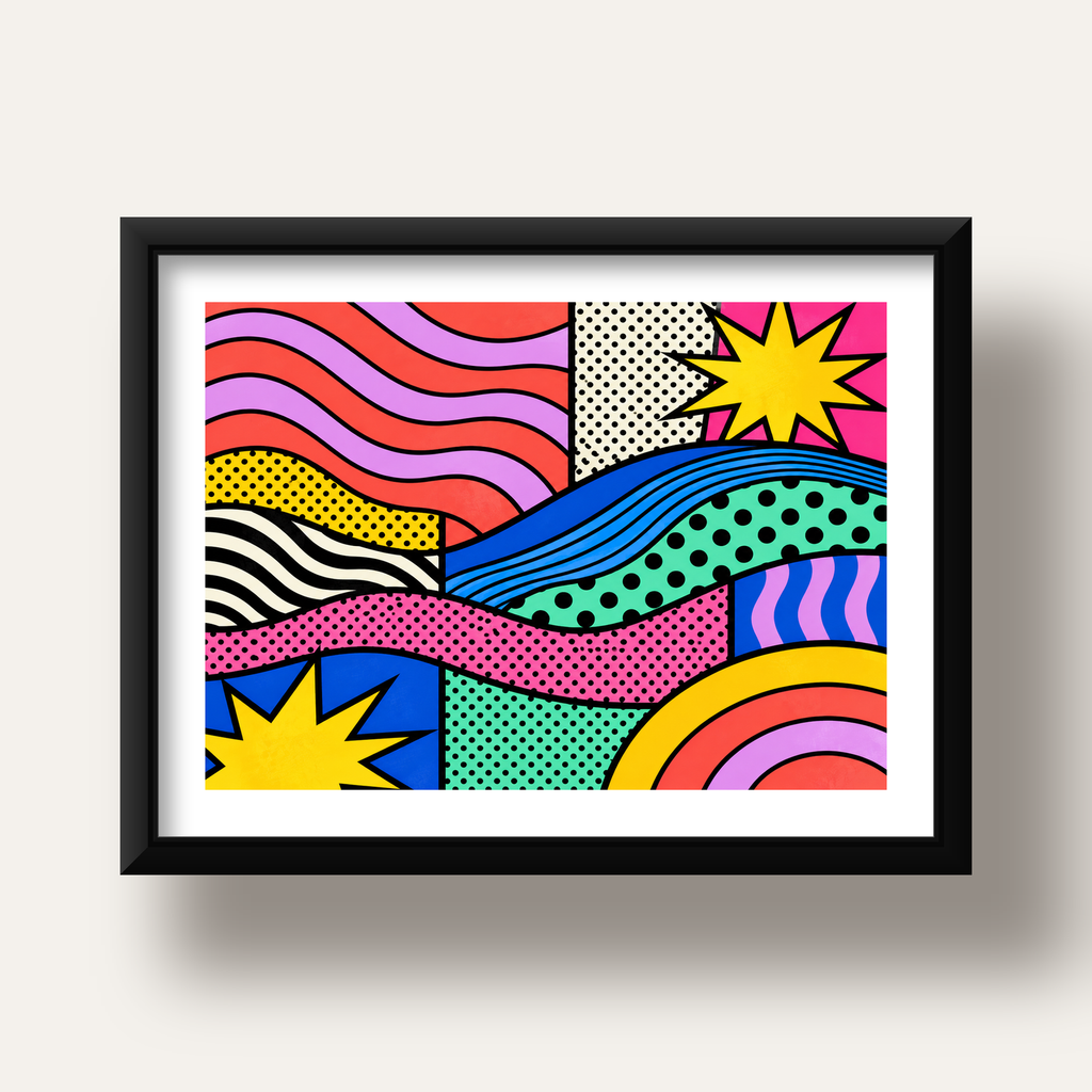 Pop Art Renkli Geometrik Desenli Poster – Canlı Soyut Baskı — siyah derin çerçeveli paspartulu