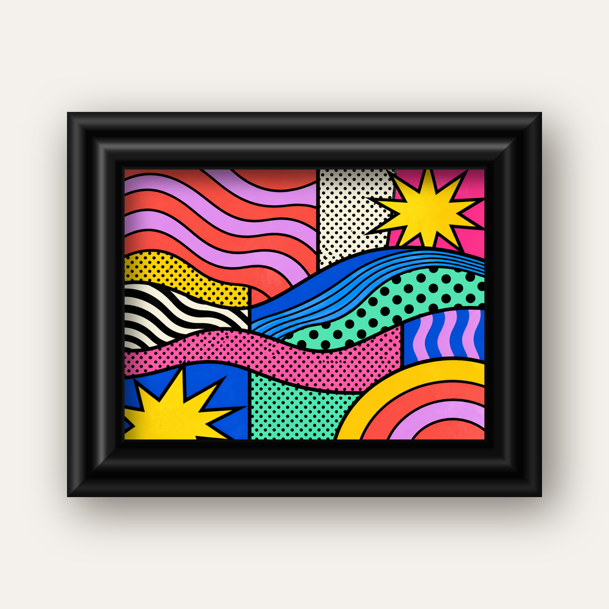 Pop Art Renkli Geometrik Desenli Poster – Canlı Soyut Baskı — siyah galeri çerçeveli