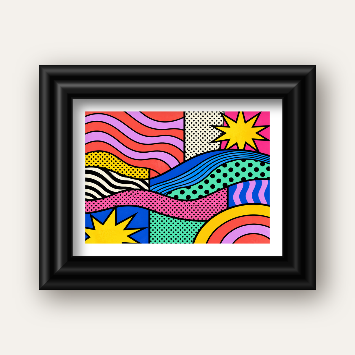 Pop Art Renkli Geometrik Desenli Poster – Canlı Soyut Baskı — siyah galeri çerçeveli paspartulu