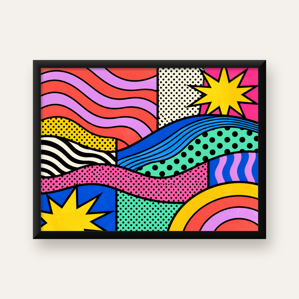 Pop Art Renkli Geometrik Desenli Poster – Canlı Soyut Baskı — Yatay baskı, düz siyah çerçeveli duvar posteri