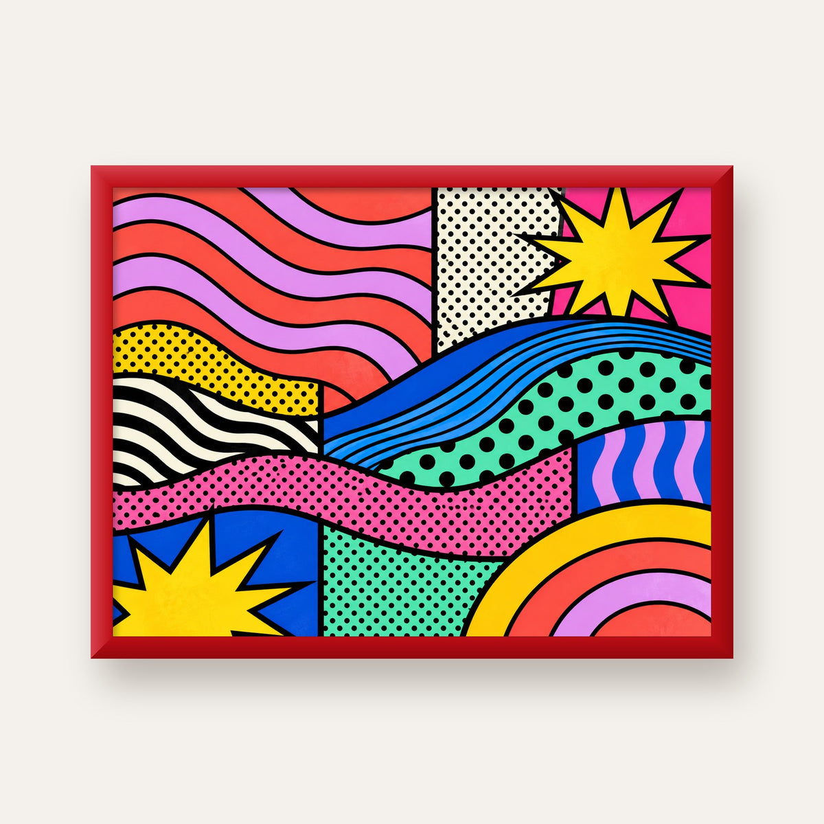 Pop Art Renkli Geometrik Desenli Poster – Canlı Soyut Baskı — kırmızı çerçeveli