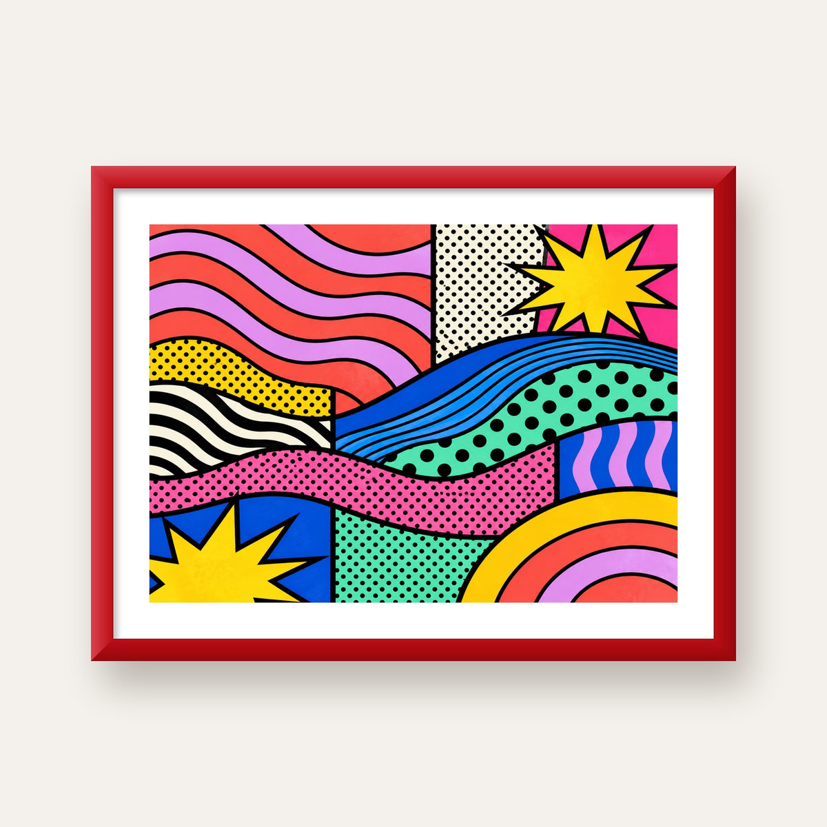 Pop Art Renkli Geometrik Desenli Poster – Canlı Soyut Baskı — kırmızı çerçeveli paspartulu