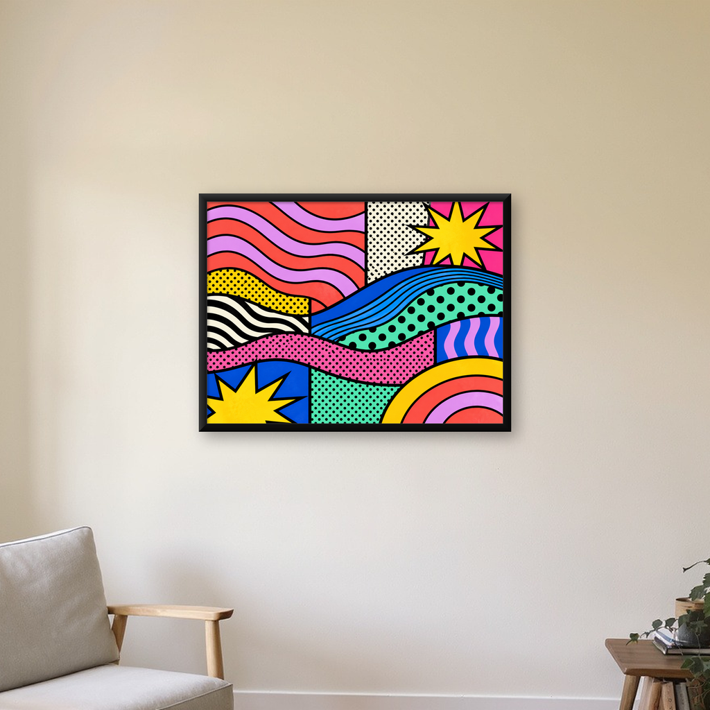 Pop Art Renkli Geometrik Desenli Poster – Canlı Soyut Baskı — Yatay baskı, çerçeveli hâliyle bir ev duvarında