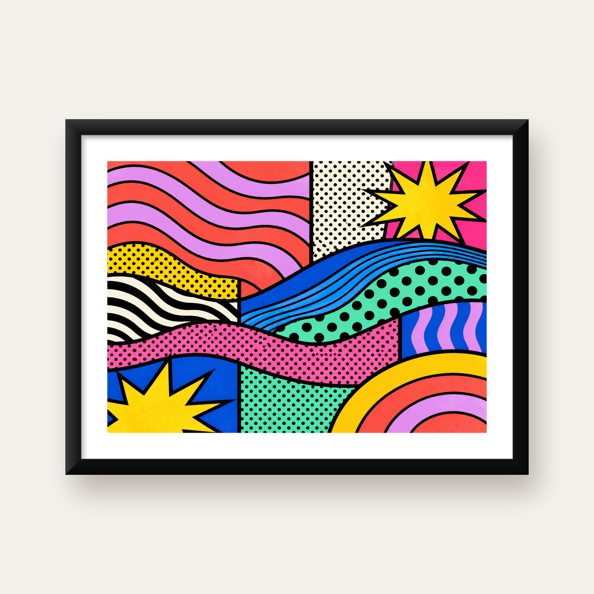 Pop Art Renkli Geometrik Desenli Poster – Canlı Soyut Baskı — Yatay baskı, beyaz paspartulu