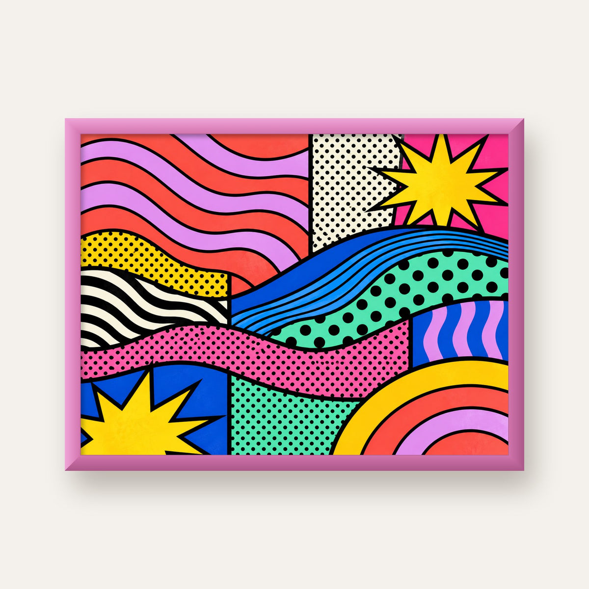 Pop Art Renkli Geometrik Desenli Poster – Canlı Soyut Baskı — pembe çerçeveli