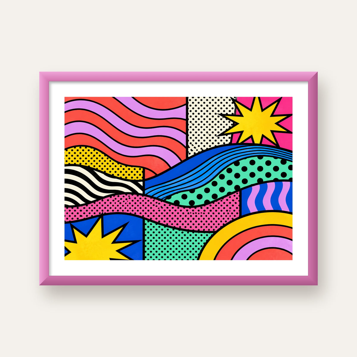 Pop Art Renkli Geometrik Desenli Poster – Canlı Soyut Baskı — pembe çerçeveli paspartulu