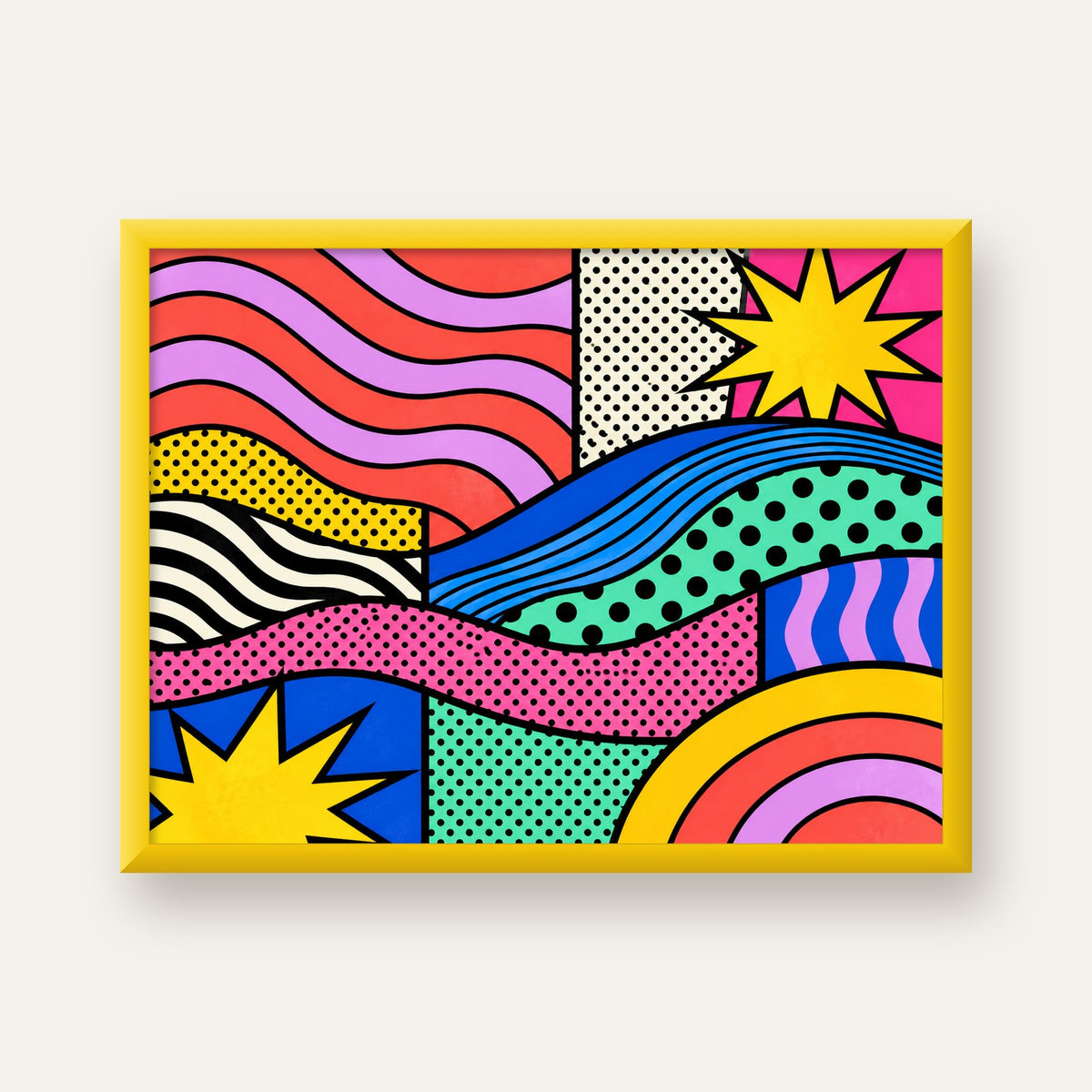 Pop Art Renkli Geometrik Desenli Poster – Canlı Soyut Baskı — sarı çerçeveli