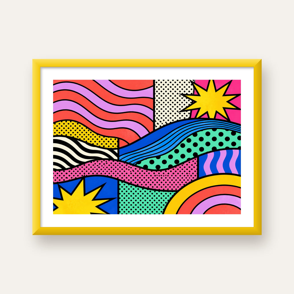 Pop Art Renkli Geometrik Desenli Poster – Canlı Soyut Baskı — sarı çerçeveli paspartulu