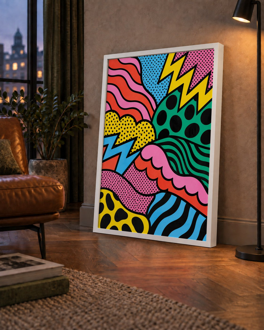 Renkli Soyut Pop Art Dalga Desenli Poster — çerçeveli hâliyle bir ev duvarında