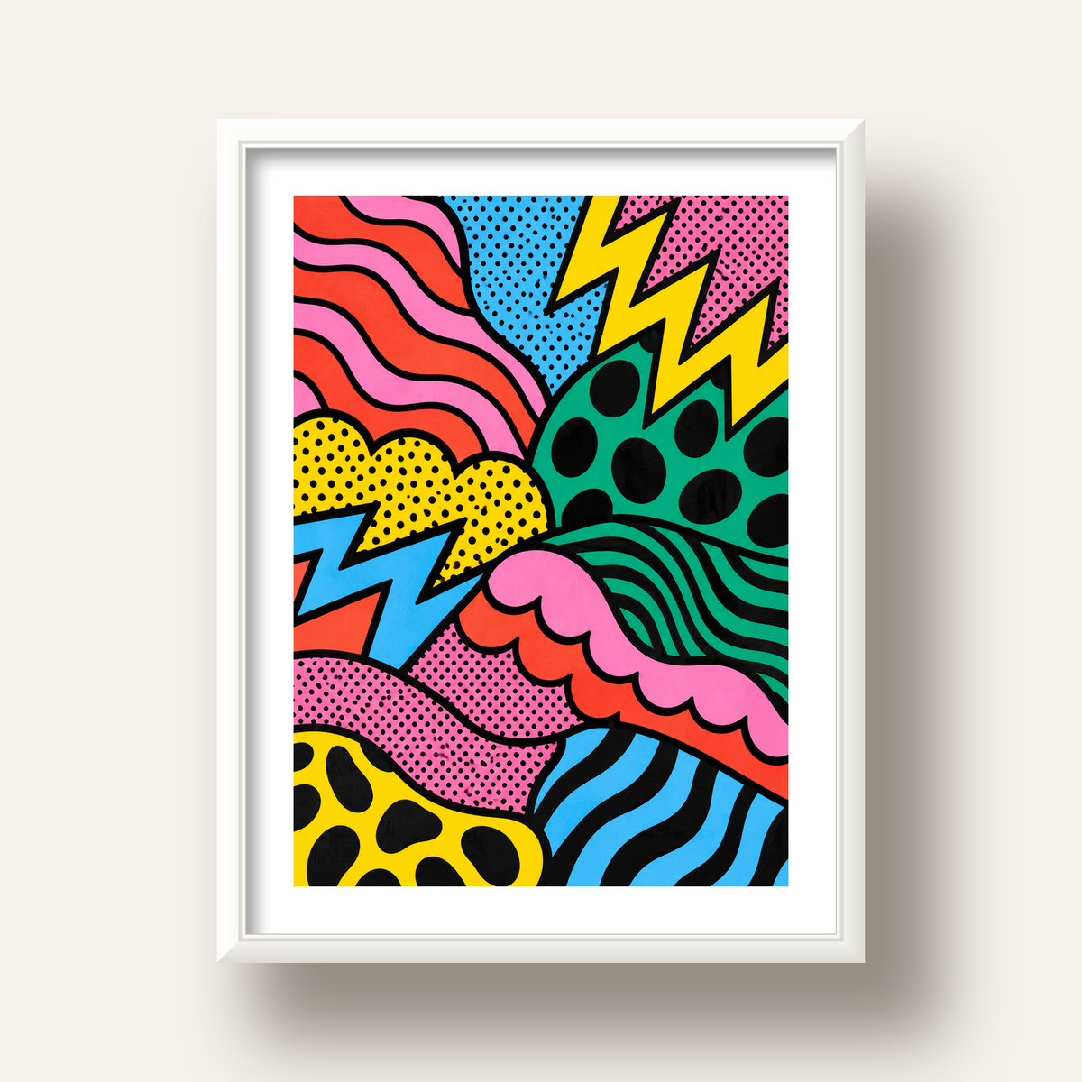 Renkli Soyut Pop Art Dalga Desenli Poster — beyaz derin çerçeveli paspartulu