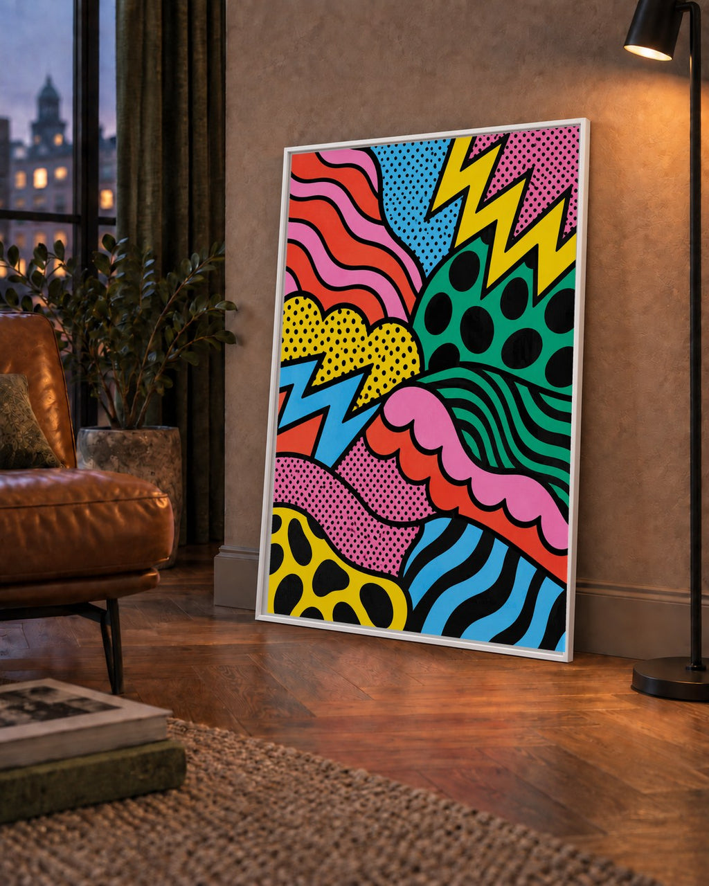 Renkli Soyut Pop Art Dalga Desenli Poster — çerçeveli hâliyle bir ev duvarında