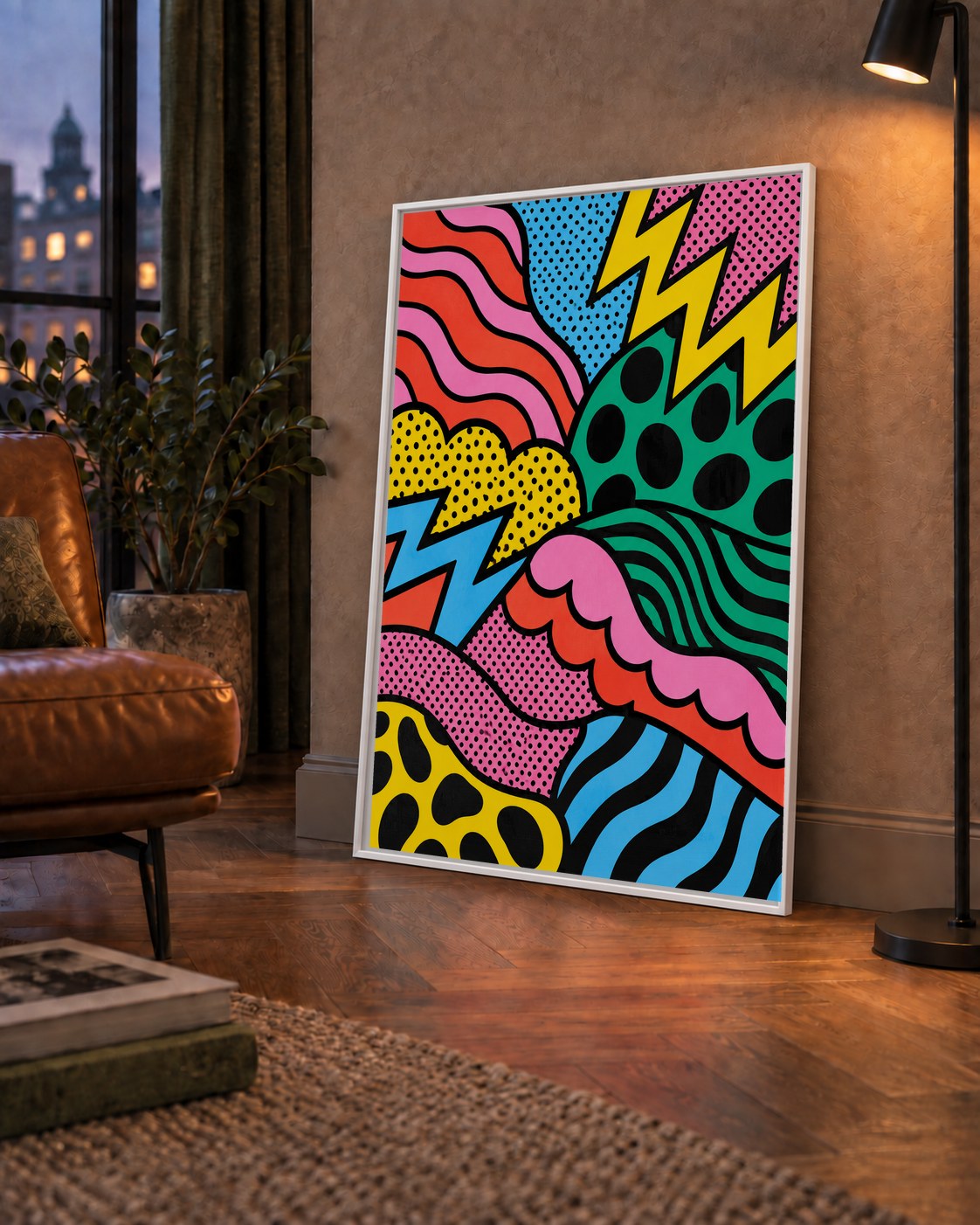 Renkli Soyut Pop Art Dalga Desenli Poster — çerçeveli hâliyle bir ev duvarında