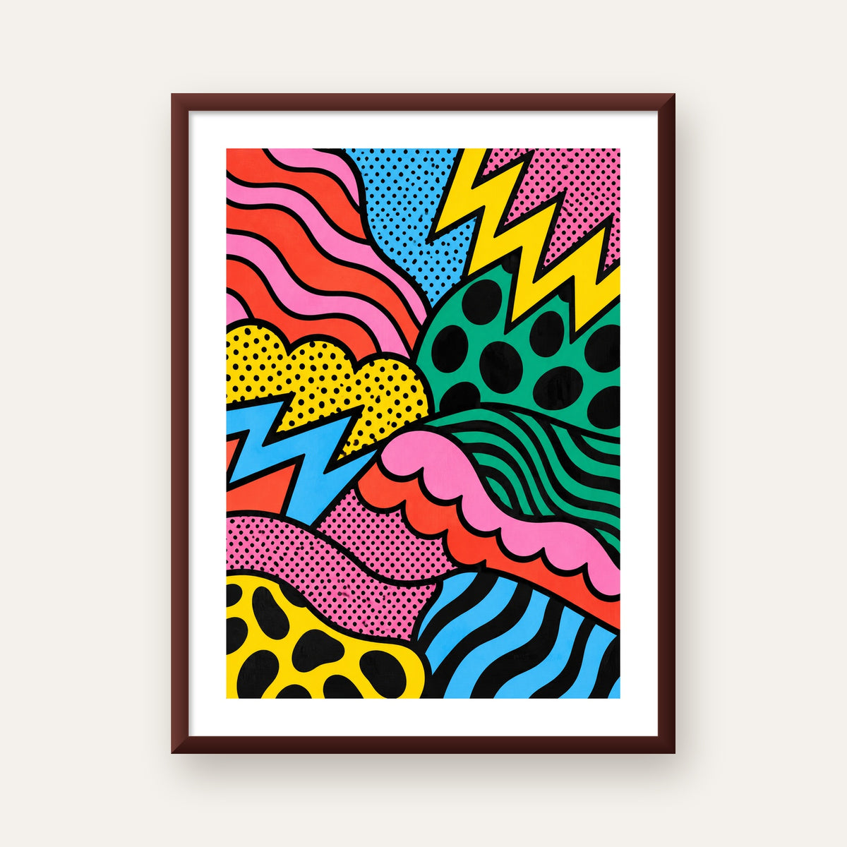 Renkli Soyut Pop Art Dalga Desenli Poster — ceviz çerçeveli paspartulu