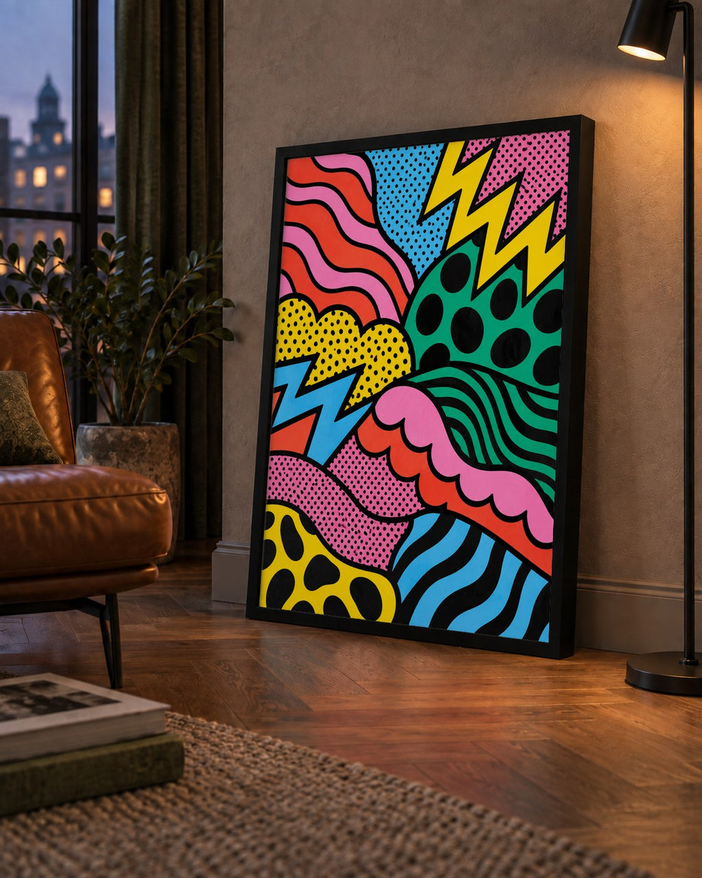 Renkli Soyut Pop Art Dalga Desenli Poster — çerçeveli hâliyle bir ev duvarında