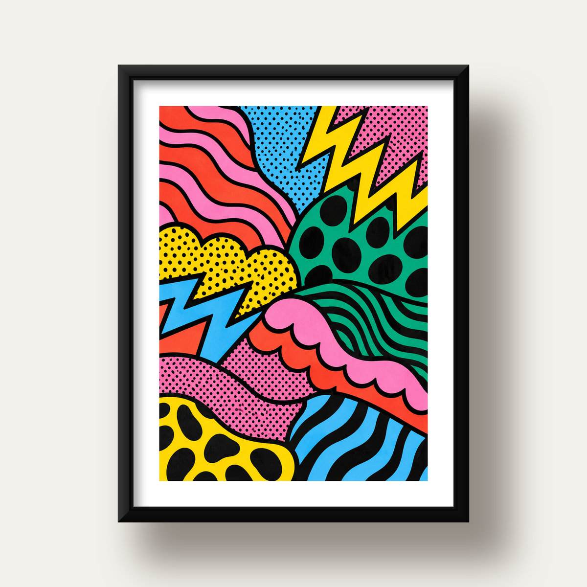 Renkli Soyut Pop Art Dalga Desenli Poster — siyah derin çerçeveli paspartulu