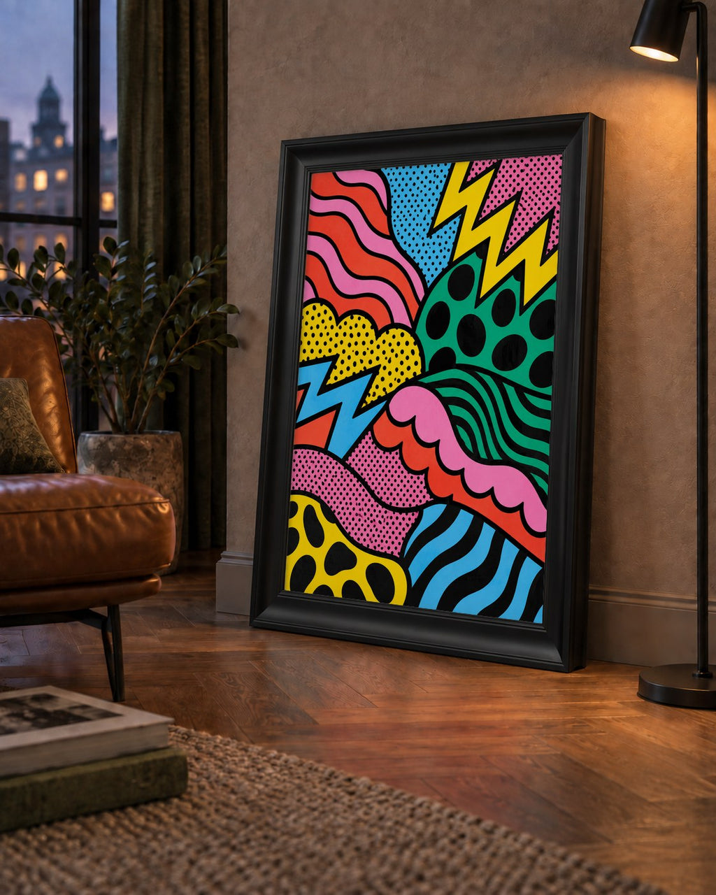 Renkli Soyut Pop Art Dalga Desenli Poster — çerçeveli hâliyle bir ev duvarında