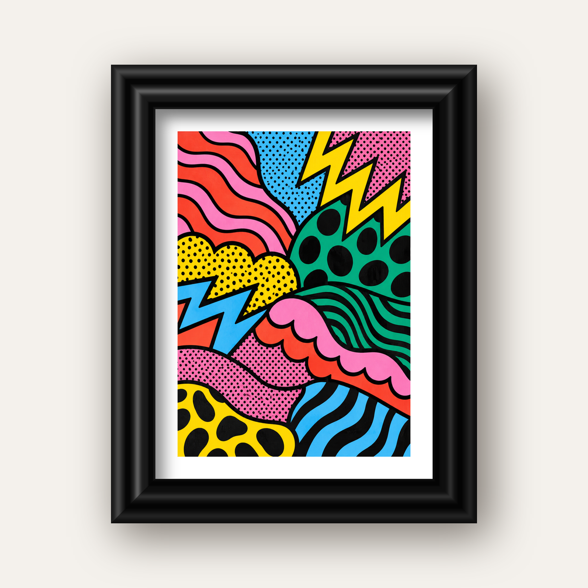 Renkli Soyut Pop Art Dalga Desenli Poster — siyah galeri çerçeveli paspartulu
