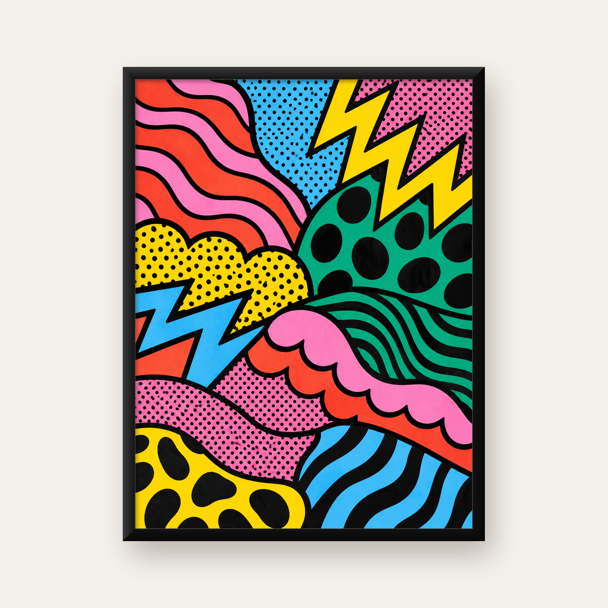 Renkli Soyut Pop Art Dalga Desenli Poster — Dikey baskı, düz siyah çerçeveli duvar posteri