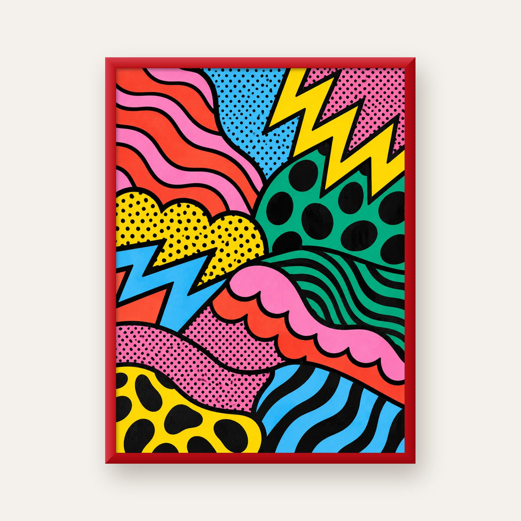 Renkli Soyut Pop Art Dalga Desenli Poster — kırmızı çerçeveli