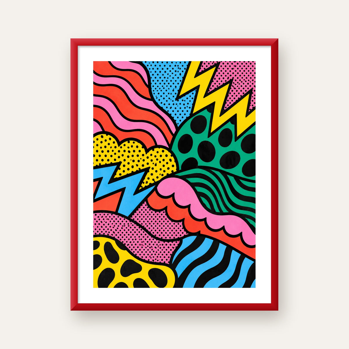 Renkli Soyut Pop Art Dalga Desenli Poster — kırmızı çerçeveli paspartulu
