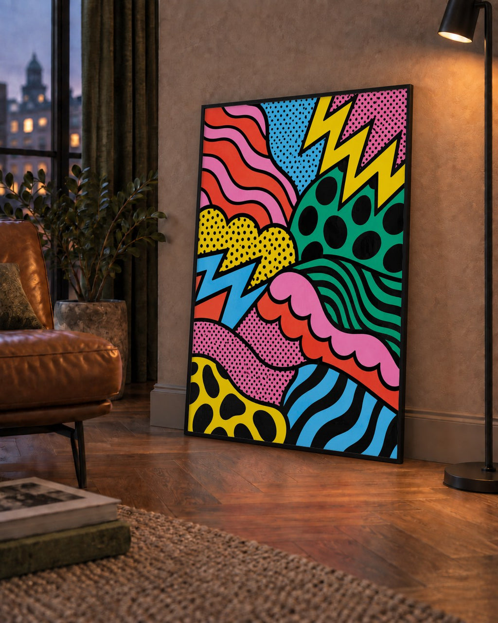 Renkli Soyut Pop Art Dalga Desenli Poster — çerçeveli hâliyle bir ev duvarında