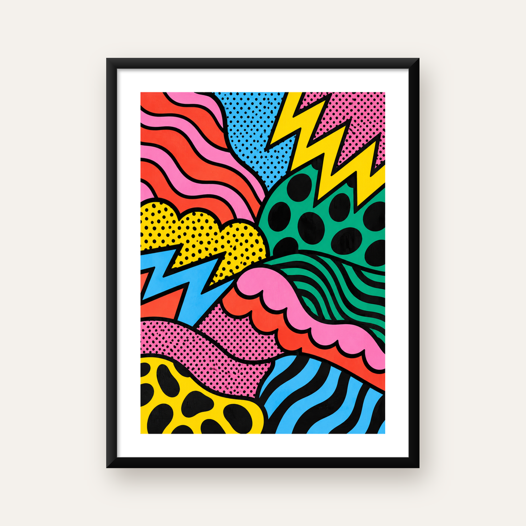 Renkli Soyut Pop Art Dalga Desenli Poster — Dikey baskı, beyaz paspartulu