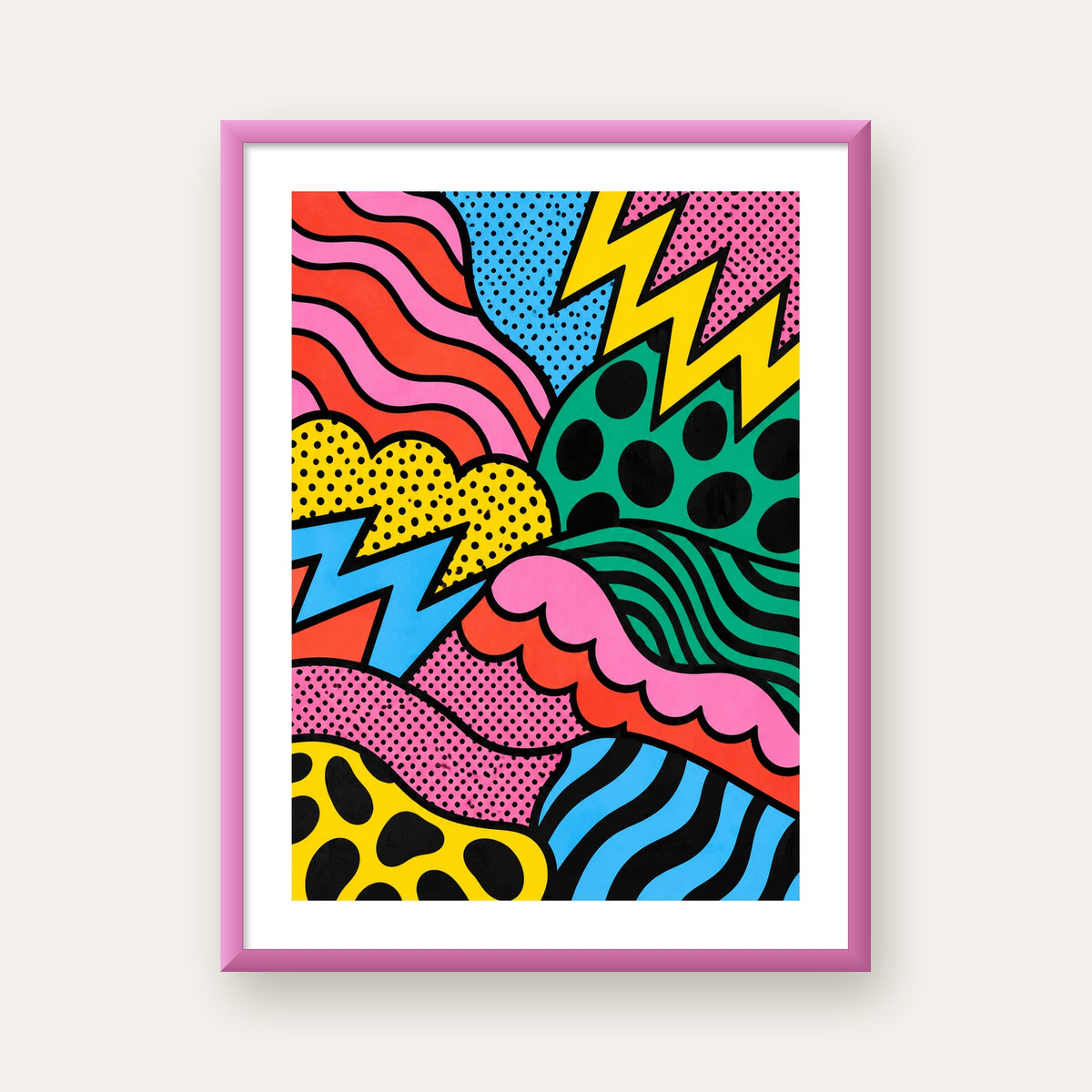 Renkli Soyut Pop Art Dalga Desenli Poster — pembe çerçeveli paspartulu